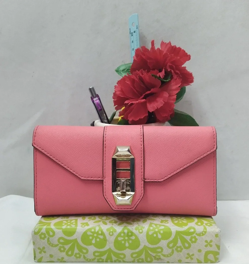 Rebecca Minkoff Pink Leather Tunlock Credit Card ID Window Bifold Wallet